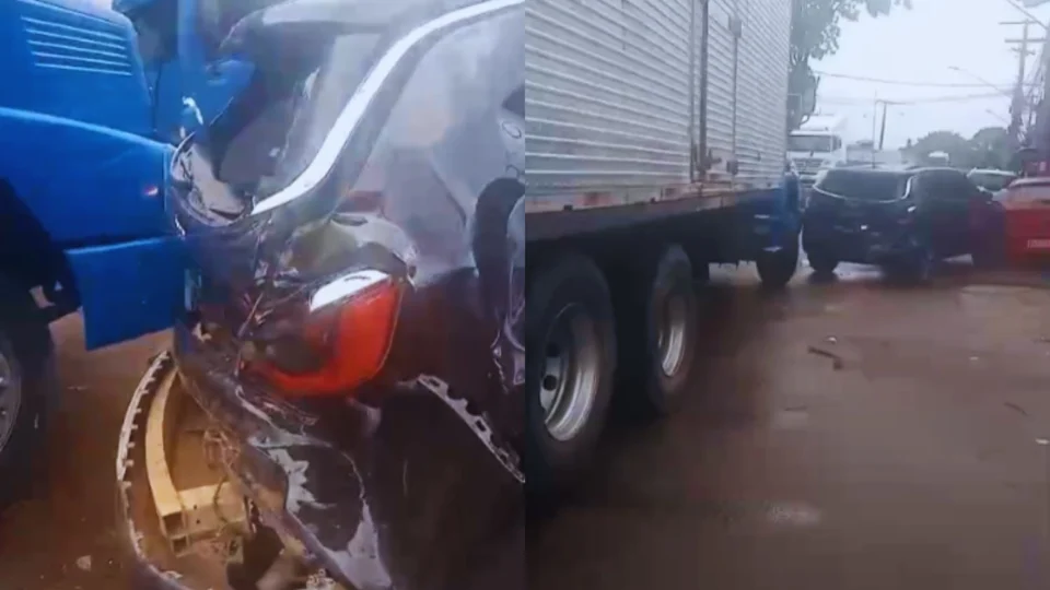 Veja: Caminhão acerta Jeep que fazia retorno e colisão atinge mais dois carros na Colônia Oliveira Machado