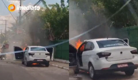 Vídeo: Táxi é consumido pelas chamas em plena Avenida Brasil e assusta motoristas na Compensa