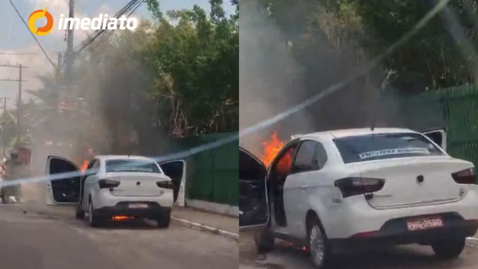 Vídeo: Táxi é consumido pelas chamas em plena Avenida Brasil e assusta motoristas na Compensa