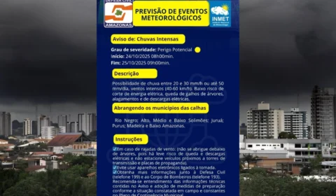 Alerta máximo: chuvas intensas, raios e ventos de até 60 km/h atingem o Amazonas nas próximas horas