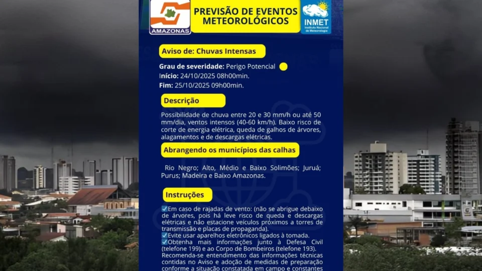 Alerta máximo: chuvas intensas, raios e ventos de até 60 km/h atingem o Amazonas nas próximas horas