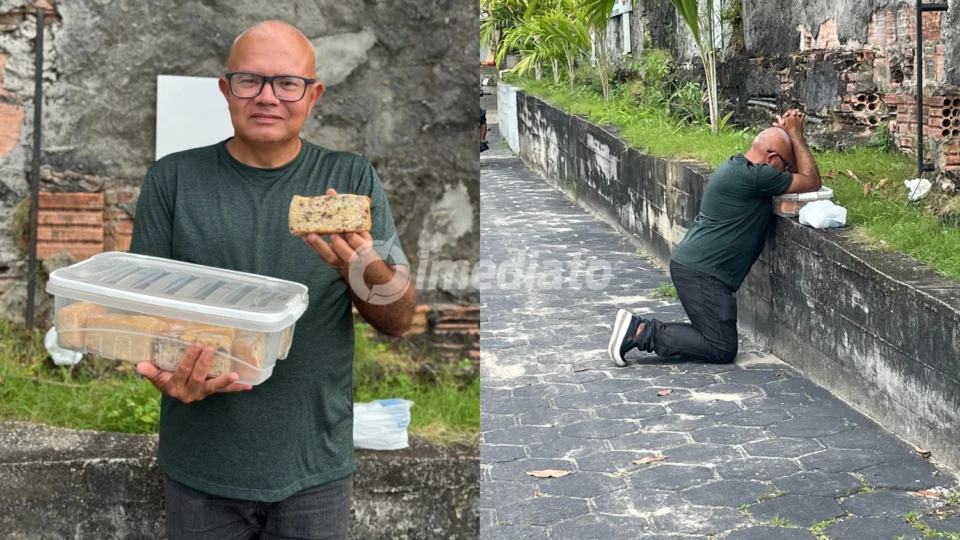 Veja o vídeo: Homem de fé ora sobre seus bolos e leva sustento para a mãe de 73 anos vendendo delícias a R$ 5 na Av. Djalma Batista