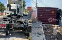 Veja o vídeo: Contêiner se desprende de carreta e causa caos no trânsito na Avenida Autaz Mirim; pista fica coberta de óleo