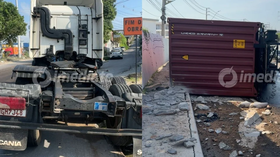 Veja o vídeo: Contêiner se desprende de carreta e causa caos no trânsito na Avenida Autaz Mirim; pista fica coberta de óleo