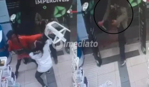 VÍDEO: Funcionária enfrenta casal armado com facas usando banco de plástico durante assalto