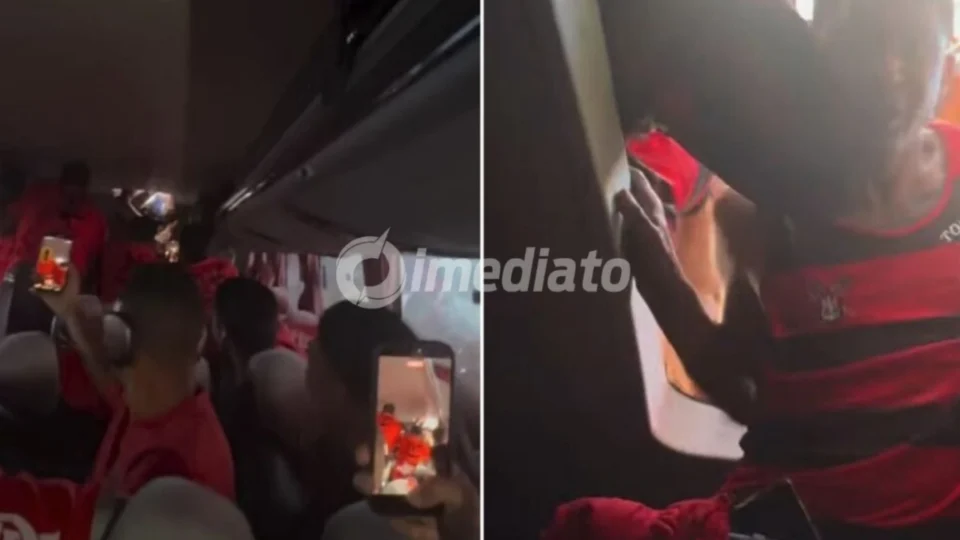 VÍDEO: Torcida do Flamengo invade ônibus de jogadores e causa tumulto antes de viagem para a Libertadores
