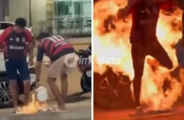 VÍDEO: Torcedores do Flamengo tentam queimar camisa do Palmeiras e acabam incendiando o próprio corpo