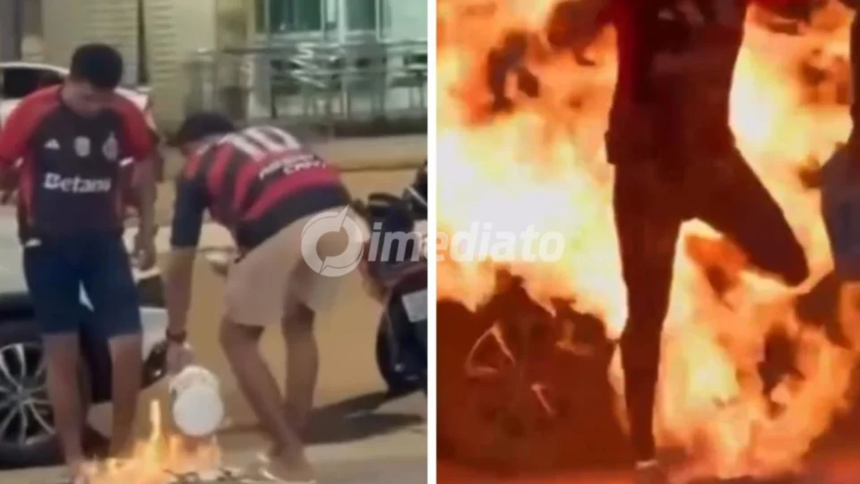 VÍDEO: Torcedores do Flamengo tentam queimar camisa do Palmeiras e acabam incendiando o próprio corpo