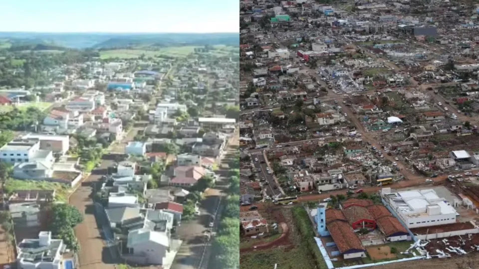 Veja o antes e depois de Rio Branco do Iguaçu, onde tornado destruiu 90% da cidade no Paraná
