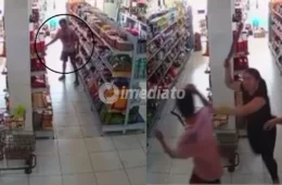 VÍDEO: Mulher agride homem com pauladas durante tentativa de furto em supermercado de Manacapuru