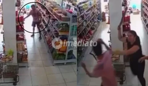 VÍDEO: Mulher agride homem com pauladas durante tentativa de furto em supermercado de Manacapuru