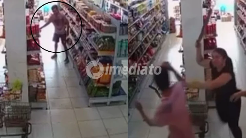 VÍDEO: Mulher agride homem com pauladas durante tentativa de furto em supermercado de Manacapuru