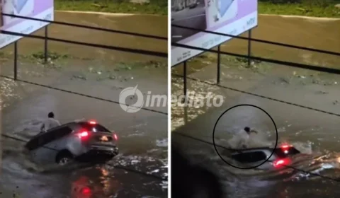 VÍDEO: Motorista tem carro arrastado por enxurrada e é ‘engolido’ pela correnteza