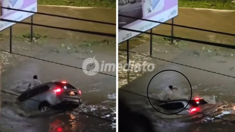 VÍDEO: Motorista tem carro arrastado por enxurrada e é ‘engolido’ pela correnteza