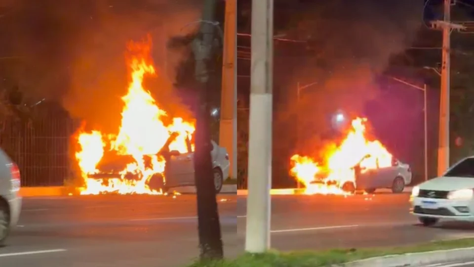 Veja as imagens: Carro é destruído por incêndio na Estrada da Ponta Negra