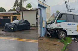 Micro-ônibus e carro colidem durante forte chuva e ficam destruídos na Cidade Nova, em Manaus