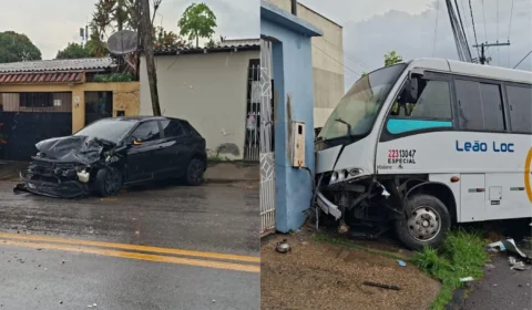 Micro-ônibus e carro colidem durante forte chuva e ficam destruídos na Cidade Nova, em Manaus