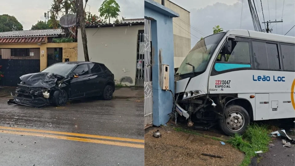 Micro-ônibus e carro colidem durante forte chuva e ficam destruídos na Cidade Nova, em Manaus
