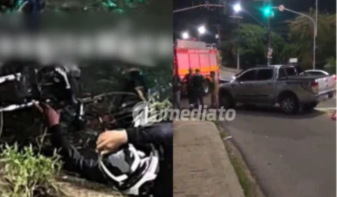 VÍDEO: Motociclista e passageiro caem em igarapé após colisão com caminhonete no bairro Petrópolis