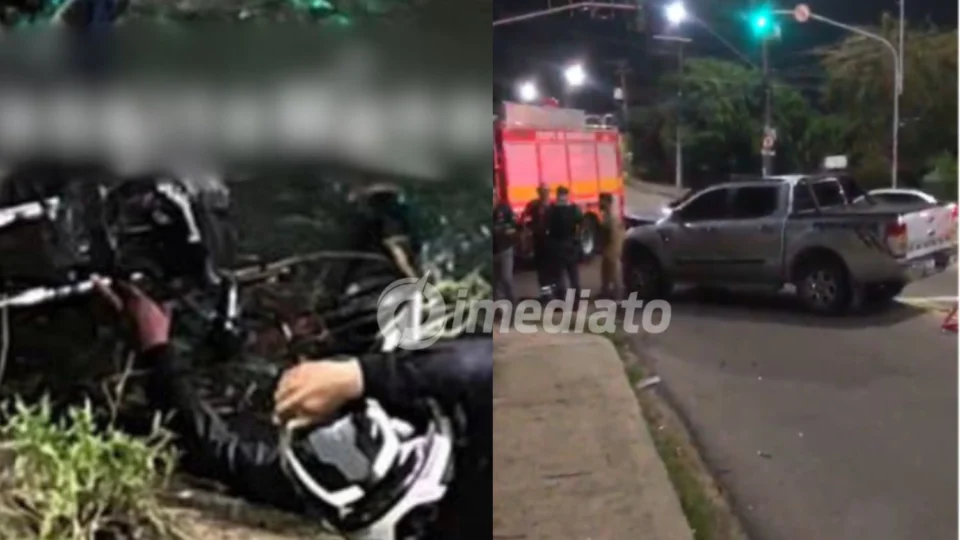 VÍDEO: Motociclista e passageiro caem em igarapé após colisão com caminhonete no bairro Petrópolis