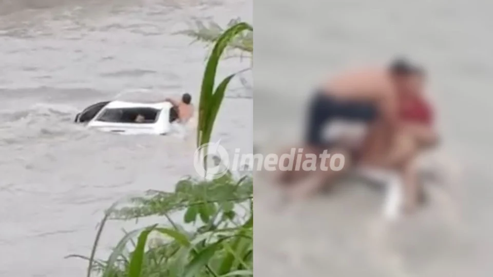 VÍDEO: Homem fica desacordado após carro cair em igarapé durante forte chuva em Manaus