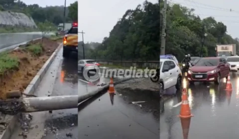 VÍDEO: Temporal provoca queda de poste e complica trânsito na Avenida do Turismo, em Manaus