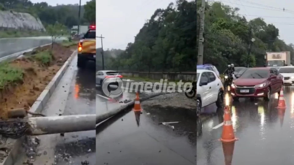 VÍDEO: Temporal provoca queda de poste e complica trânsito na Avenida do Turismo, em Manaus