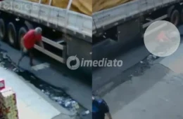 VÍDEO: Idoso cai e escapa por pouco de ser esmagado por carreta durante manobra em Manaus