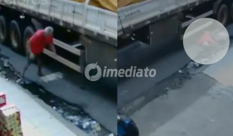 VÍDEO: Idoso cai e escapa por pouco de ser esmagado por carreta durante manobra em Manaus
