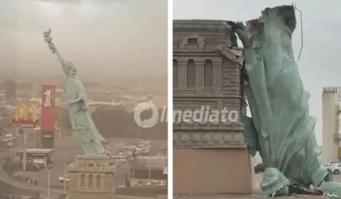 VEJA: Vídeo mostra momento em que estátua de loja da Havan cai com ventania no RS