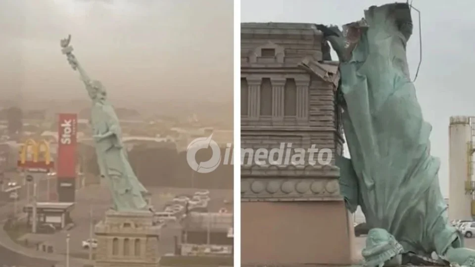 VEJA: Vídeo mostra momento em que estátua de loja da Havan cai com ventania no RS