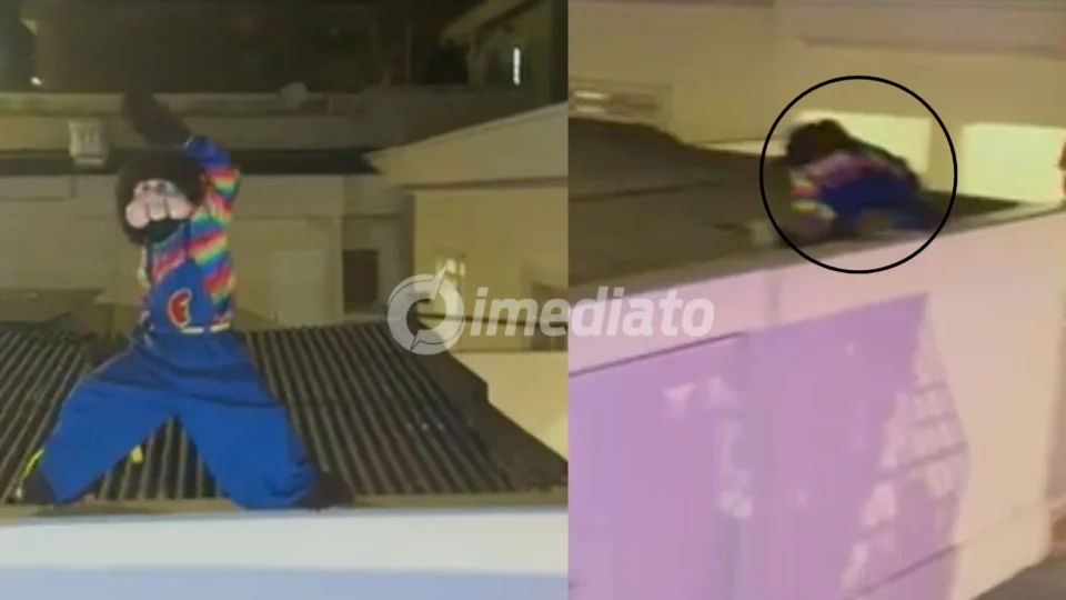 VÍDEO: ‘Fofão’ da Carreta Furacão cai sobre telhado durante perfomance com ‘Patatá’