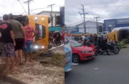Micro-ônibus ‘Amarelinho’ tomba e deixa passageiros feridos na Avenida Autaz Mirim