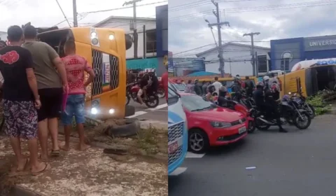Micro-ônibus ‘Amarelinho’ tomba e deixa passageiros feridos na Avenida Autaz Mirim