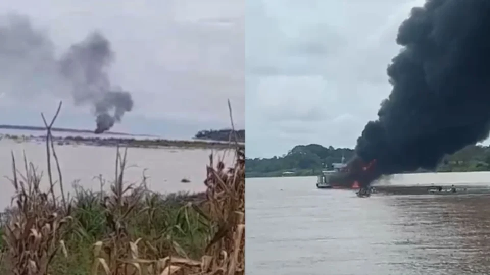 Veja as Imagens: Incêndio no rio Solimões destrói embarcação e deixa quatro feridos entre Anamã e Anori