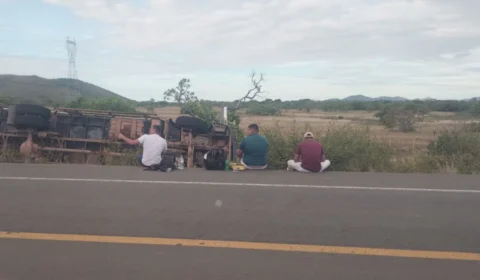 Caminhão frigorífico capota em trecho da BR-174, em Roraima