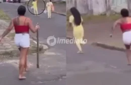VÍDEO: Mulher corre com pedaço de madeira atrás de suposta amante do marido durante saída de presídio