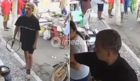 VÍDEO: Homem com tornozeleira eletrônica tenta atirar em comerciante dentro de feira mas arma falha
