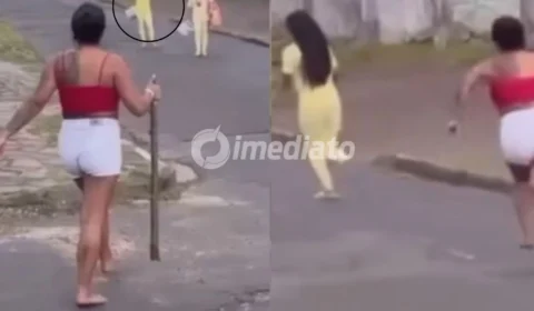 VÍDEO: Mulher corre com pedaço de madeira atrás de suposta amante do marido durante saída de presídio