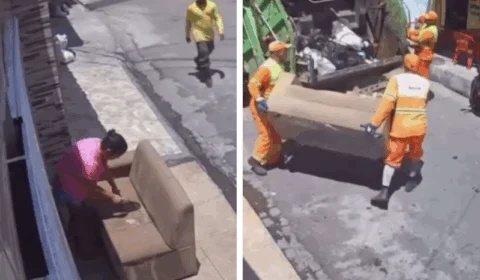 VÍDEO: garis confundem sofá colocado para secar na calçada com descarte e levam móvel em Maceió