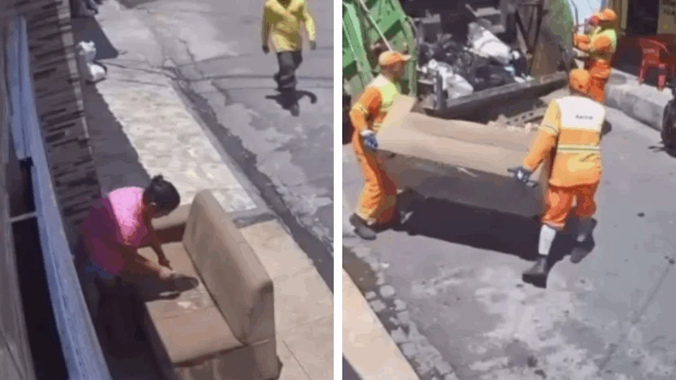 VÍDEO: garis confundem sofá colocado para secar na calçada com descarte e levam móvel em Maceió