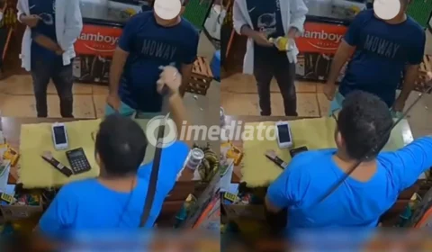 VÍDEO: Comerciante usa facão para impedir que homem furte bebida escondida na calça, no Pará