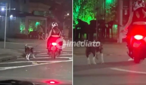 VÍDEO: Casal é investigado após ser flagrado puxando cachorro enquanto anda de motocicleta