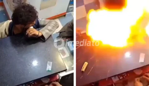 VÍDEO: Homem morde bateria de celular e provoca explosão dentro de estabelecimento comercial