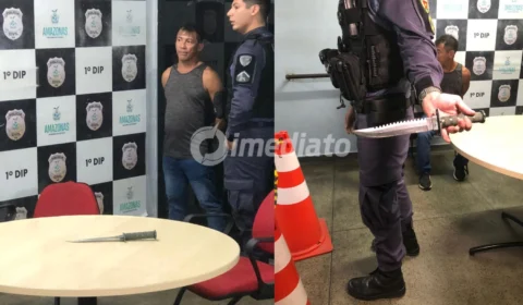 Homem é preso após ameaçar pessoas com faca e agredir repórter dentro de delegacia em Manaus