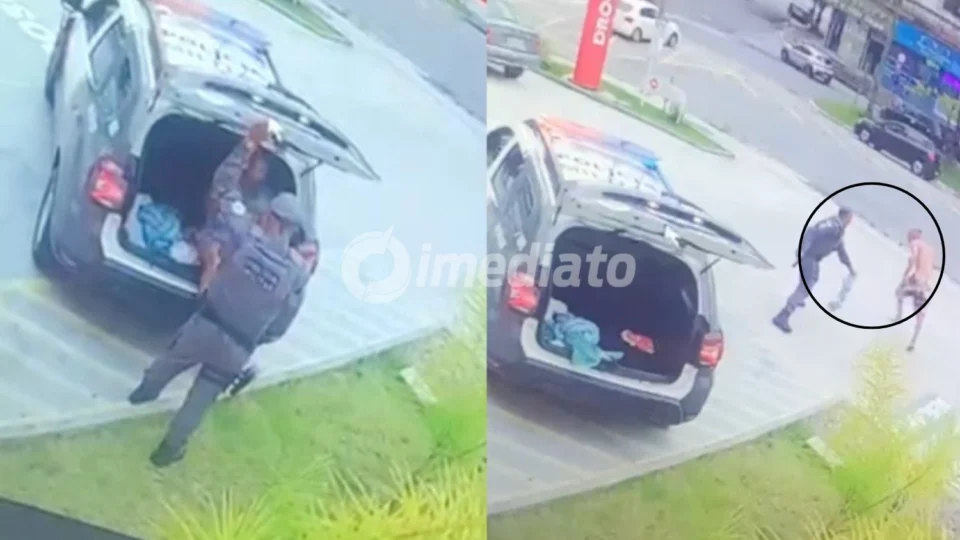 VÍDEO: PM perde controle ao agredir preso e suspeito foge correndo após abrir camburão