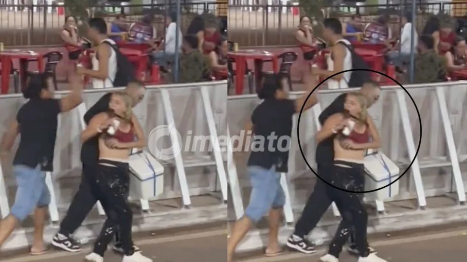 VÍDEO: Homem cai ao tentar defender mulher em briga de casal durante a folia de Carnaval