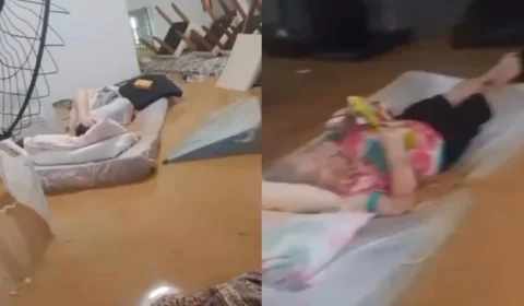 VÍDEO: Temporal provoca alagamento em instituição de assistência social e deixa idosos ilhados sobre colchões