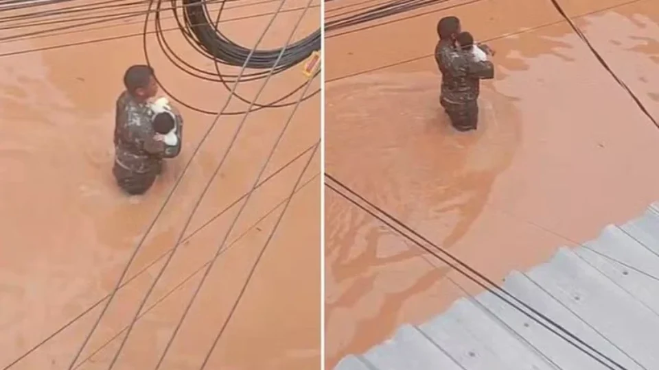 Soldado salva bebê de dois meses durante enchente e cena comove moradores em Minas Gerais