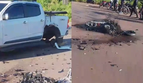 Vídeo: Motociclista morre após colisão com picape e moto pegar fogo na AM-070